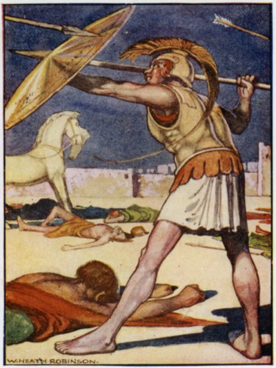De punt van de speer vloog over de linkerschouder van Patroclus door William Heath Robinson