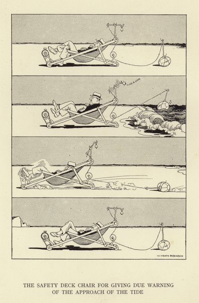 De veiligheidsdekstoel voor het geven van een waarschuwing voor de nadering van het tij door William Heath Robinson
