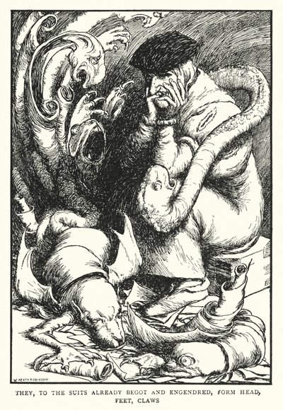 Zij, aan de reeds verwekte en voortgebrachte rechtszaken, vormen hoofd, voeten, klauwen door William Heath Robinson