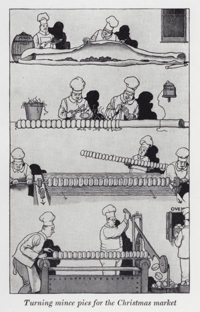 Mince pies maken voor de kerstmarkt door William Heath Robinson