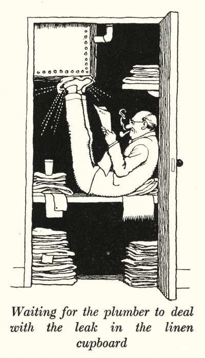 Wachten op de loodgieter om de lekkage in de linnenkast te verhelpen door William Heath Robinson