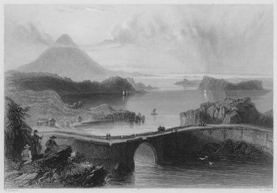 Pontoonbrug, Lough Conn (gravure) door William Henry (after) Bartlett