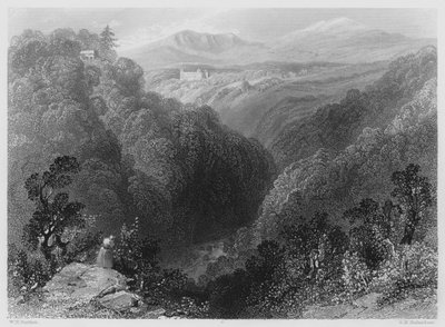 Powerscourt vanuit de Dargle, County Wicklow (gravure) door William Henry (after) Bartlett