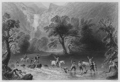 Een Hert Vangen, nabij Derrycunnihy Waterval, Killarney (gravure) door William Henry (after) Bartlett