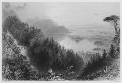De Beneden- en Torcmeren, Killarney, vanaf de Torc Waterval (gravure) door William Henry (after) Bartlett