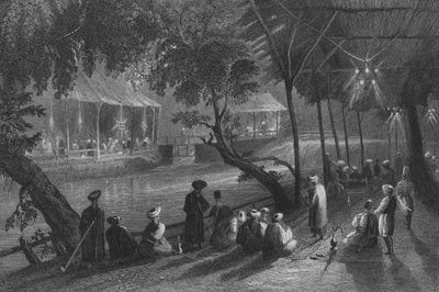Cafés in Damascus, aan een tak van de Barrada, de oude Pharpar door William Henry Bartlett