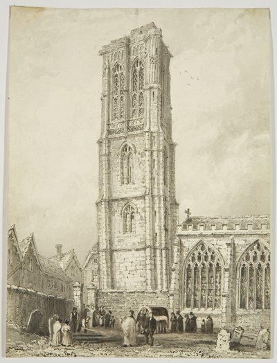Exterieur van Temple Church, met een begrafenis, ca. 1825 door William Henry Bartlett