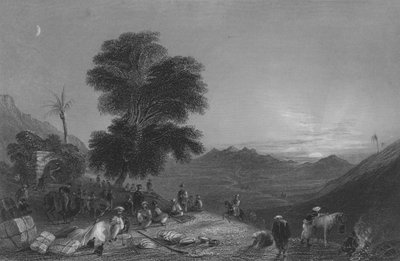 Stop van een karavaan in de woestijn van Girgola, nabij de berg Amanus door William Henry Bartlett
