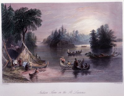 Indiaans kampement aan de oevers van de Saint Laurent - in "Canadian scenery illustrated" door Bartlett W. H. door William Henry Bartlett