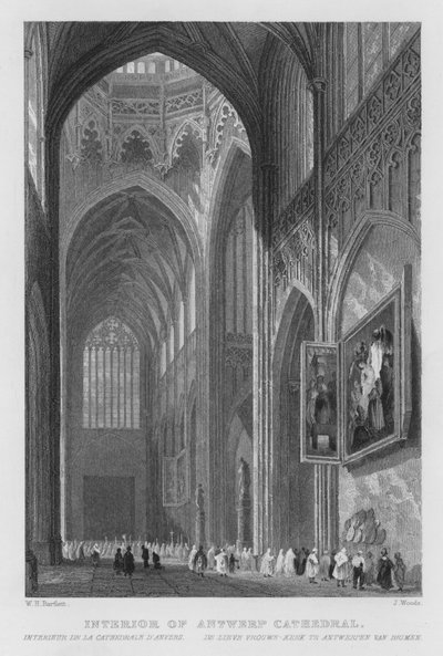 Interieur van de kathedraal van Antwerpen (gravure) door William Henry Bartlett