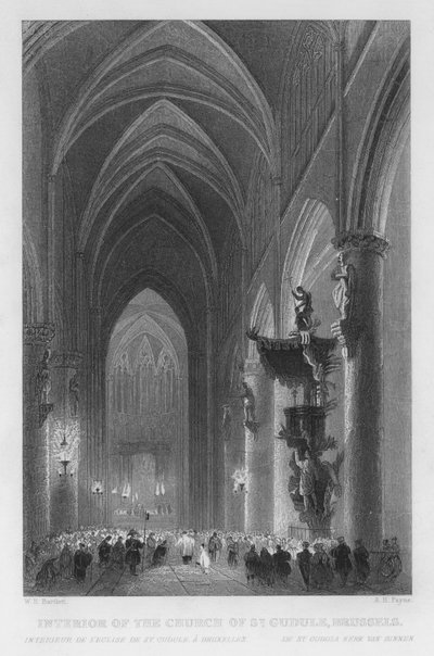 Interieur van de Sint-Goedelekerk, Brussel door William Henry Bartlett