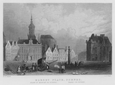 Marktplaats, Furnes (gravure) door William Henry Bartlett