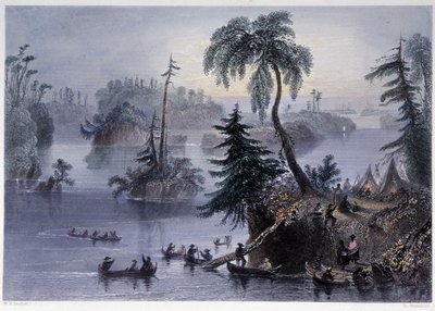 Scène tussen de Duizend Eilanden: Kamp en boten, Mille îles - in "Canadian scenery illustrated" door Bartlett W. H. door William Henry Bartlett