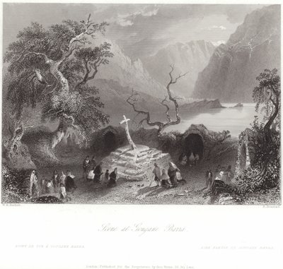 Scène bij Gougane Barra in County Cork door William Henry Bartlett