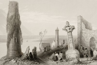 Het Oude Kruis en de Ronde Toren bij Clonmacnois, County Offaly, Ierland, uit 