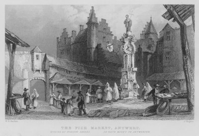 De Vismarkt, Antwerpen door William Henry Bartlett