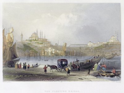 De Drijvende Brug, Istanbul, gegraveerd door J.C. Bentley, ca. 1850 door William Henry Bartlett