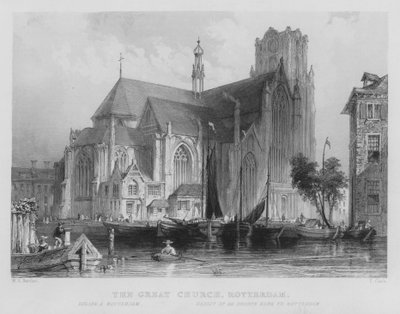 De grote kerk, Rotterdam (gravure) door William Henry Bartlett
