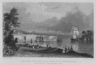 Het Nieuwe Victualling Office, enz., Devonport, vanaf de Achterkant van het Regeringshuis door William Henry Bartlett