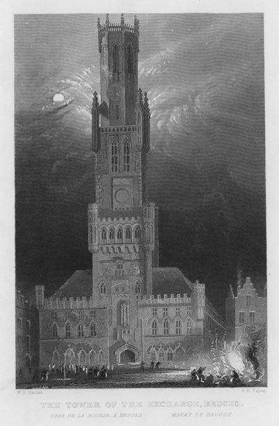 De Toren van de Beurs, Brugge (gravure) door William Henry Bartlett