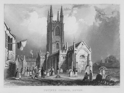 Totnes Kerk, Devon (gravure) door William Henry Bartlett