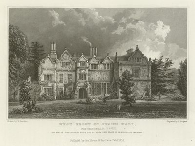 Westelijke voorzijde van Spains Hall, Finchingfield, Essex, de zetel van John Ruggles Brice, Esquire door William Henry Bartlett