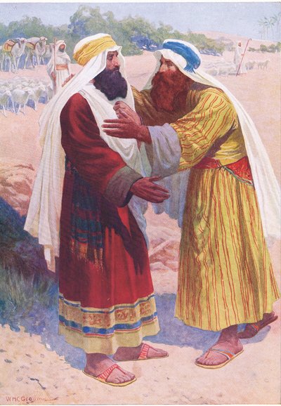 De ontmoeting van Jakob en Esau, uit Het Bijbel Prentenboek uitgegeven door Thomas Nelson, ca.1950 door William Henry Charles Groome