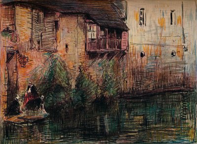 Kanaalscène, Quimperlé, ca. 1907 door William Henry Charlton