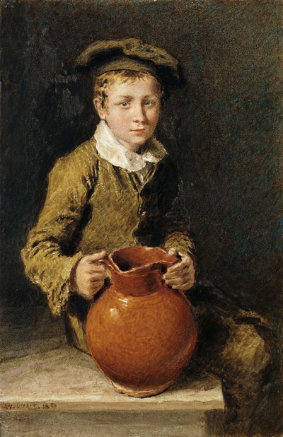 Een jongen zittend op een bank met een kruik, 1839 door William Henry Hunt