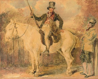 Een jachtopziener op een paard en een andere man in gesprek door William Henry Hunt