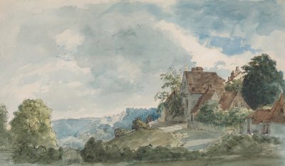 Huisjes in een uitgestrekt landschap door William Henry Hunt