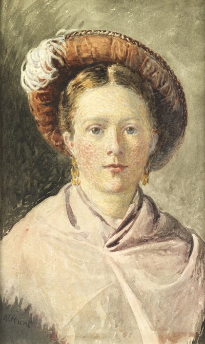 Dame met gevederde hoed door William Henry Hunt
