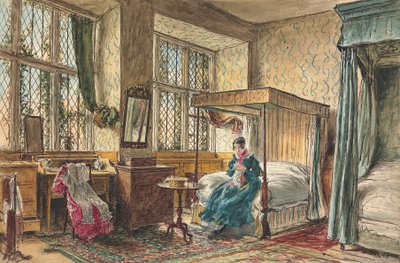 Miss Moore naait in haar slaapkamer, Hardwick Hall, Derbyshire door William Henry Hunt