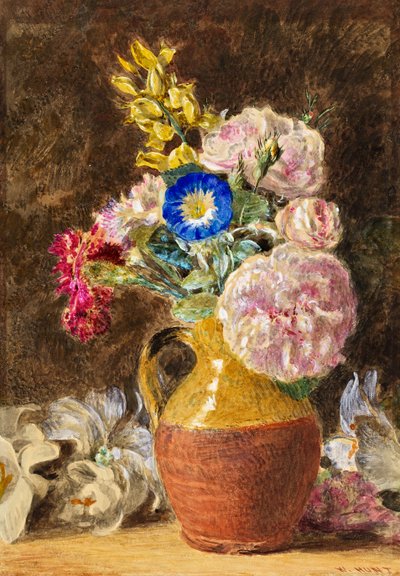 Gemengde bloemen in een bruine en vaalbruine kan door William Henry Hunt