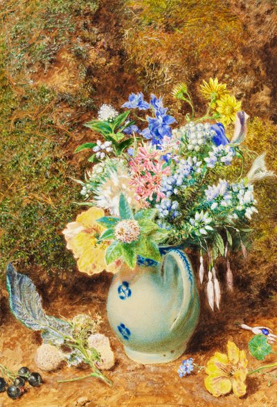Lichtblauwe Chinese kan met heide en kleine bloemen, ca. 1860 door William Henry Hunt