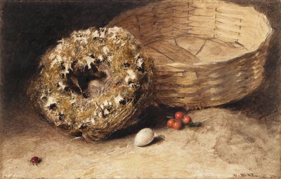 Stilleven met mand, nest, ei, rode bessen en lieveheersbeestje door William Henry Hunt