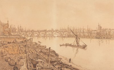 Uitzicht op de oude London Bridge door William Henry Hunt