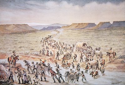 Mormoonse handkar pioniers op weg naar het westen naar Utah in 1850 door William Henry Jackson