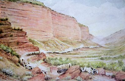 Mormoonse wagenkaravaan die door Echo Canyon trekt, ten oosten van Salt Lake City, Utah door William Henry Jackson