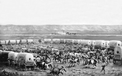 Ossen worden ingespannen in een omheining van huifkarren in een schilderij van W. H. Jackson, Scotts Bluff, Nebraska door William Henry Jackson