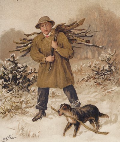 Man en hond verzamelen brandhout door William Henry James (after) Boot