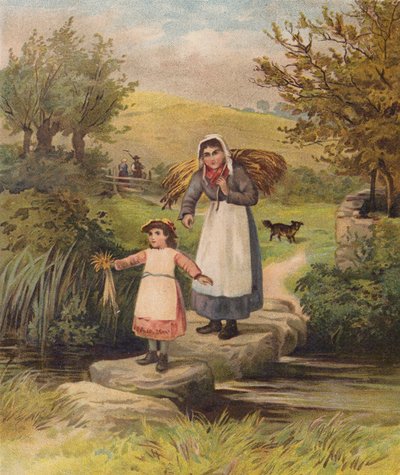 Vrouw en meisje steken een beek over via stapstenen door William Henry James (after) Boot