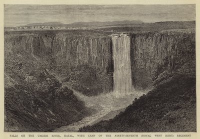 Watervallen aan de Umgeni-rivier, Natal, met kamp van het zevenennegentigste (Royal West Kent) regiment door William Henry James Boot