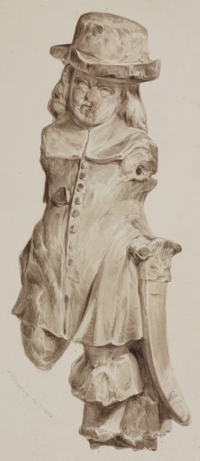 Gesneden figuur in eikenhout, ooit in de deuropening van het huis gebouwd op de plaats van de Boars Head Tavern, Eastcheap, 1834 door William Henry Kearney