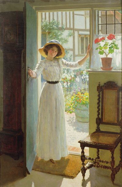 Bij de Cottage deur (olieverf op doek) door William Henry Margetson