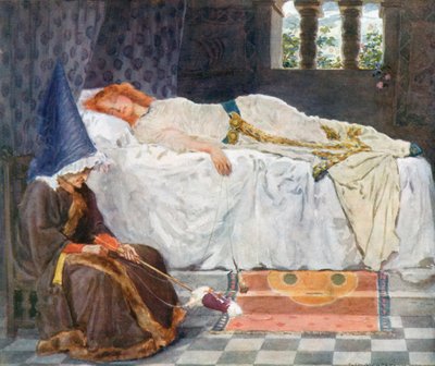 Haar ogen waren gesloten, en haar haar, aangeraakt door het zonlicht, lag als gouden draden op het sneeuwwitte kussen door William Henry Margetson