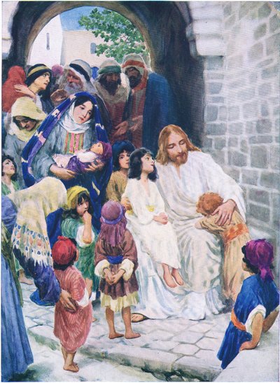 Jezus en de kinderen, uit Het Bijbel Prentenboek uitgegeven door Thomas Nelson, ca.1950 door William Henry Margetson