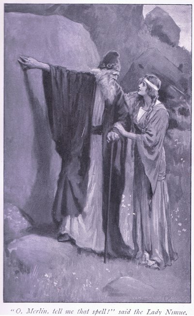 O, Merlin vertel me die spreuk! zei de dame Niume door William Henry Margetson