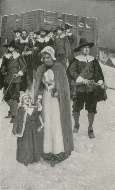 Sabbatdag met de pelgrimsvaders bij hun eerste nederzetting in New Plymouth door William Henry Margetson