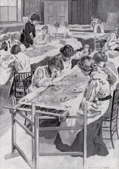 Studenten van de Koninklijke School voor Kunstnaaldwerk borduren de kroningsmantel van de koning door William Henry Margetson